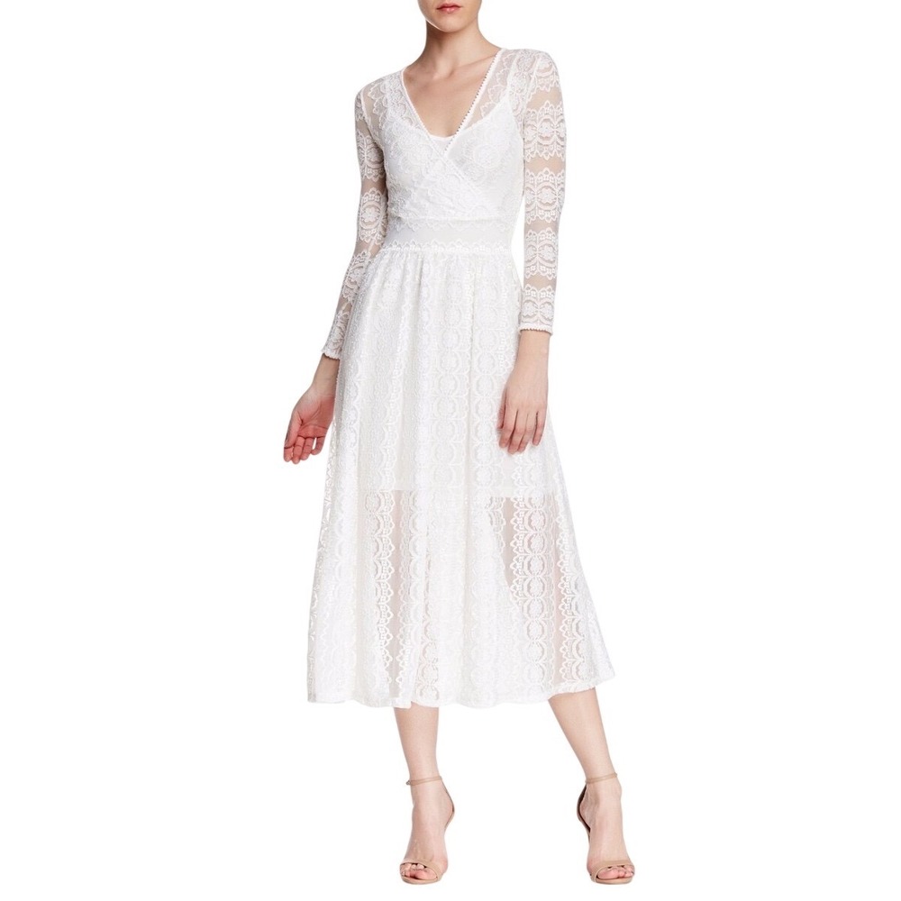 French Connection White Laces V Neck Long Sleeve Midi Dress Boho Romantic size 6